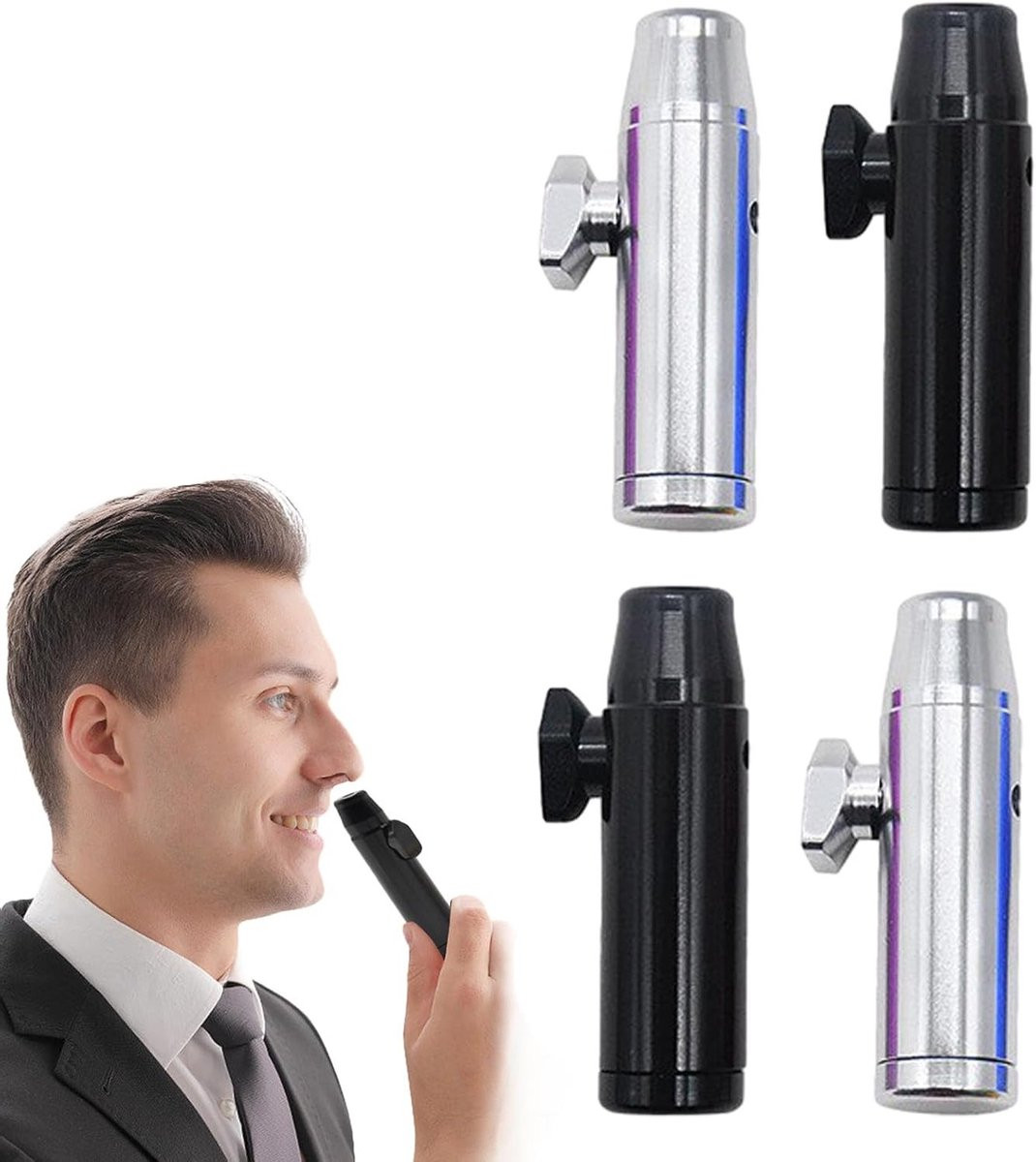 Set van 4 Aluminium Snuff Bottles met Kleine Doser en Trechter in Zilver en Zwart