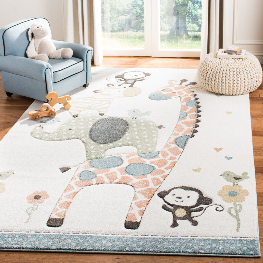Zoomie Kids Carousel Kids Baby Animal Area Rug In Ivory Ivory Rectangle 201 x 274cm