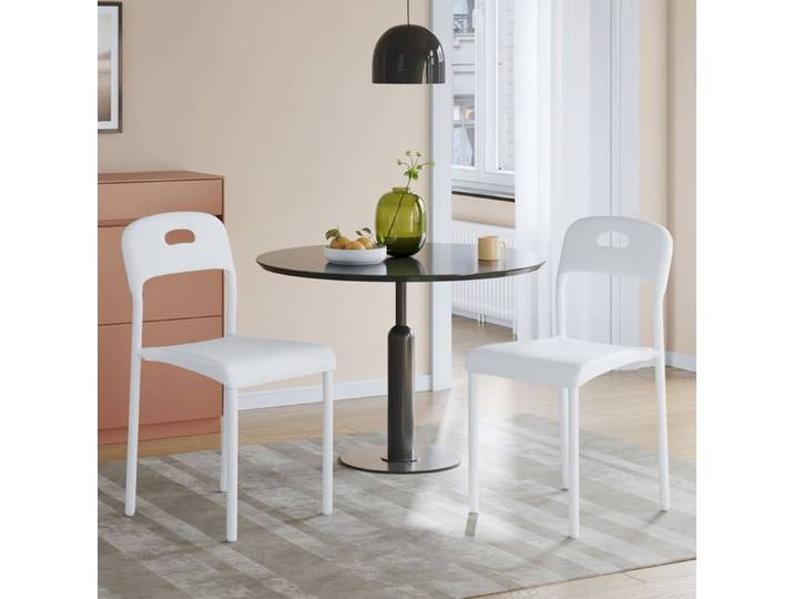 Lot de 2 chaises de salle à manger empilables modernes dossier ergonomique siège plastique étanche pieds métalliques blanc