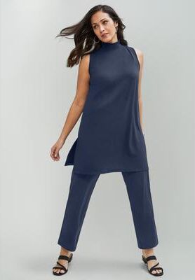 Plus Size Women's 2-Piece Stretch Knit Mockneck Mega Tunic Set by The London Collection in Navy (Size S)