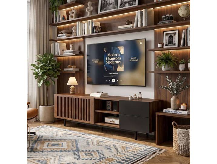Meuble TV 160 cm Buffet bas salon design soigné 160 x 38 x 50 cm Grand rangement Portes à lamelles et tiroirs