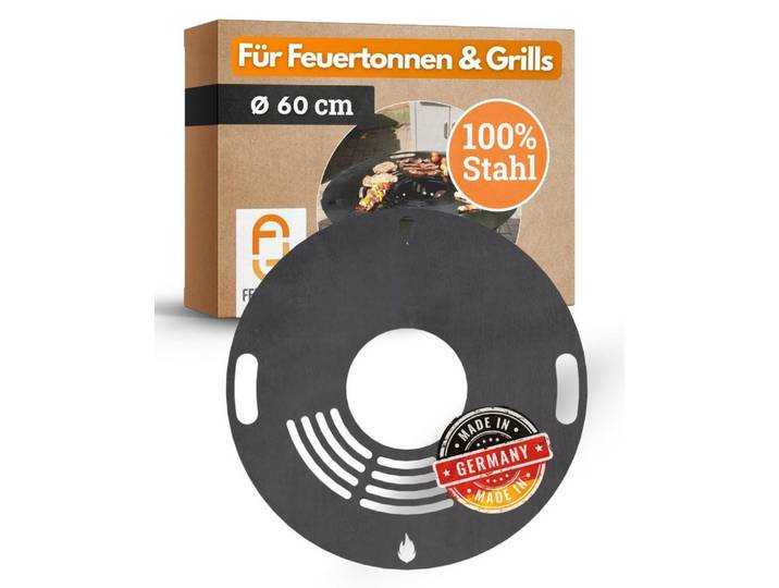 Feuerfest 123 GmbH Grillplatte Feuerplatte Grillplatte mit integriertem Rost Ø 60 cm Design 1