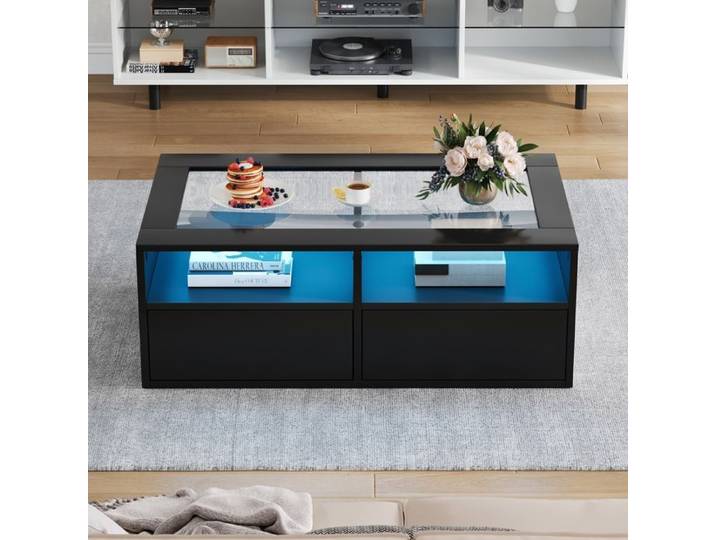 Table basse - HIBA - 100×50×35 cm - Noir - Verre trempé double couche - LED pilotable + USB