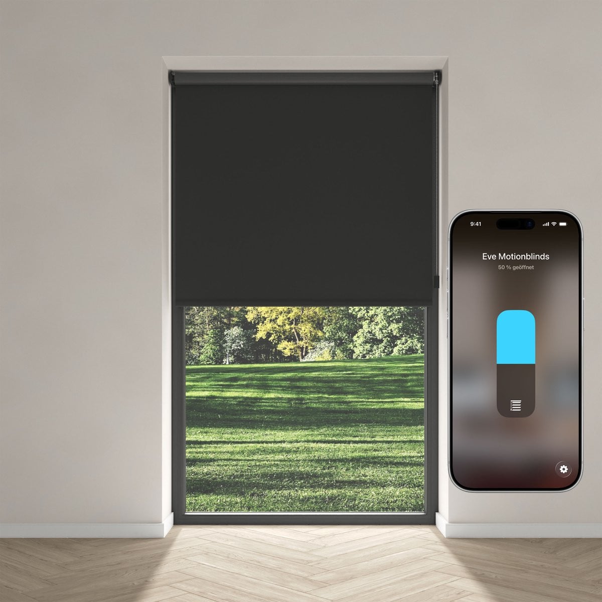 Eve Motionblinds Matter Slim elektrisch verduisterend rolgordijn, zwart, 160 x 190 cm
