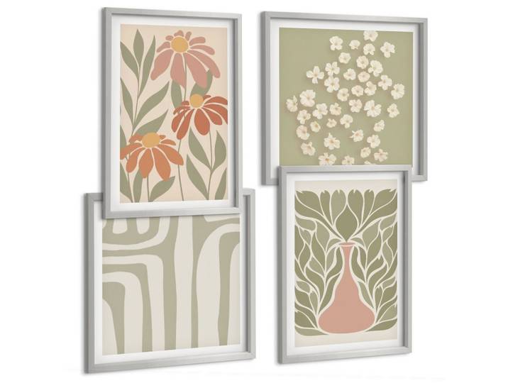 BILDER SET 4er Set - 50x50 cm & 40x60 cm Silberner Rahmen - Floraler minimalistischer Boho-Stil