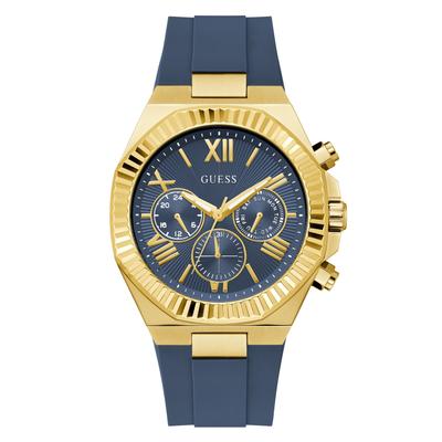 Multifunktionsuhr GUESS "EQUITY", blau (blau, goldfarben), Armbanduhren, Herren, Quarzuhr, Armbanduhr, Herrenuhr, Silikonarmband, analog, Wochentag