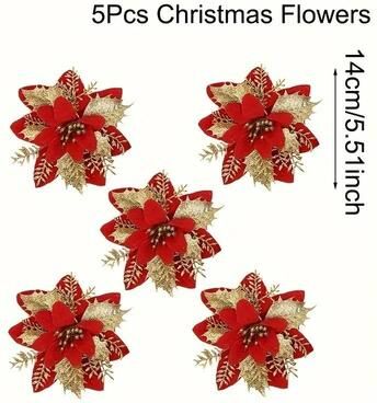 Uplifted Finds Glitter Artificial Flowers 14cm Fake Christmas Flowers Tree Ornament Holiday Decoration 5 Pcs gold red