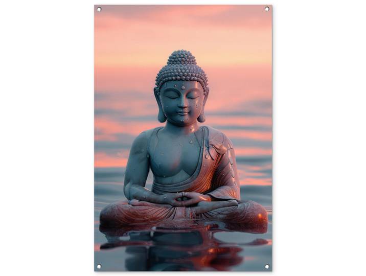 OnlyWow Gartenposter - Buddha - Statue - Buddha - Wasser - Kunst - Buddha - 80x120 cm, Blaugrau, Kunststoff, Rechteckig, 80x120x0.2 cm, Bilder & Rahmen, Bilder, Wandbilder