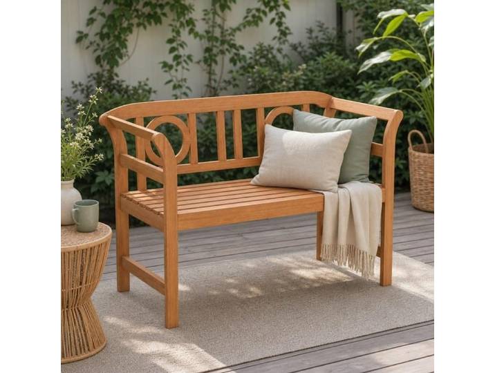 Banc d'extérieur - PAGE LIVING - Banc d'amour - 2 places - Acacia naturel - Dossier géométrique & accoudoirs