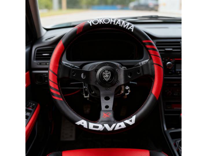VERTEX JDM 330mm volant de course volant de collaboration en cuir véritable noir avec ligne rouge brodée
