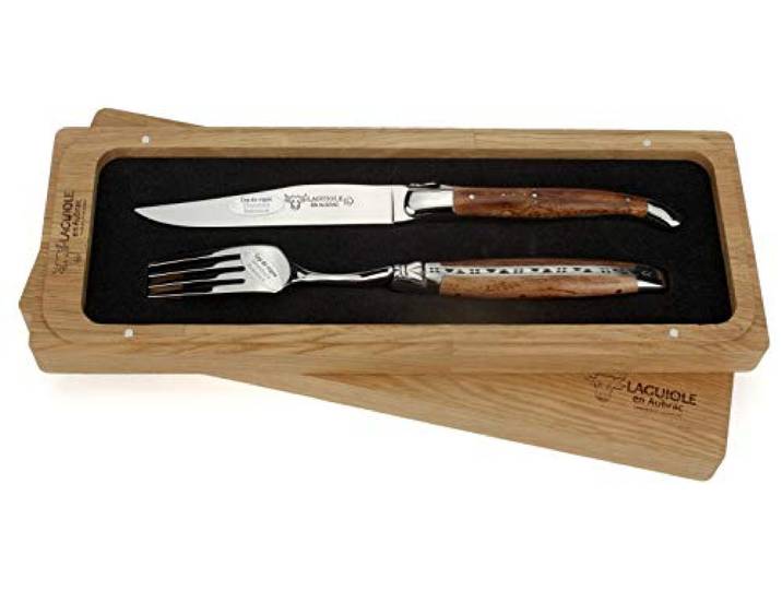 Laguiole en Aubrac - 1 Steakmesser und 1 Gabel Besteck-Set - Griff alte Weinrebe - Original Frankreich mit Zertifikat
