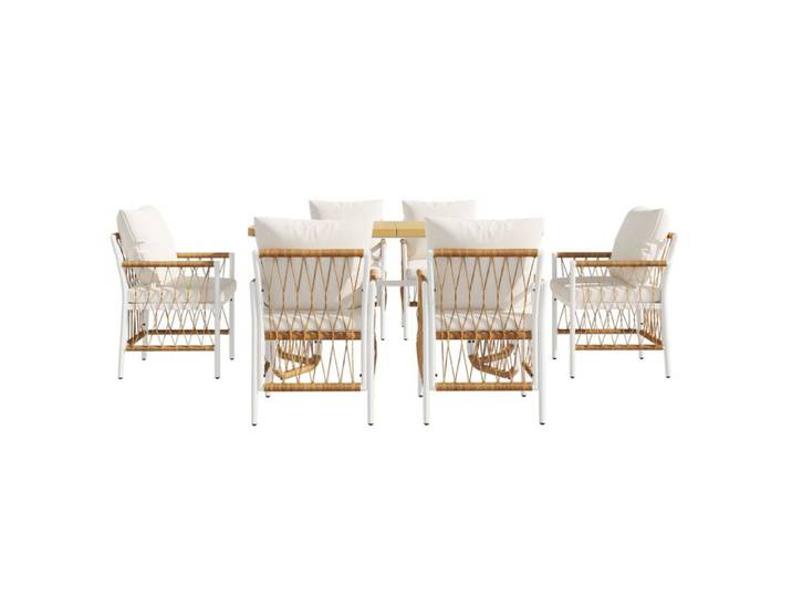 Ensemble table et chaises de jardin – 1 table 6 chaises – structure en fer – effet bois – beige