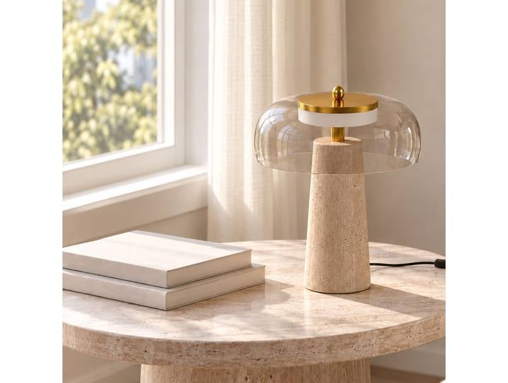 HOMCOM Lampe de Table Vintage Verre Ambre Base Travertin 3000K