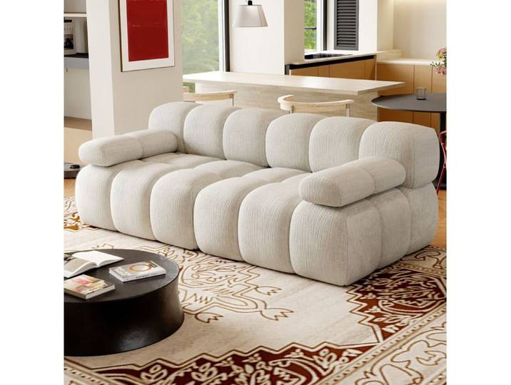 ROVRYN Canapé droit compressé 2 places 200 cm en tissu chenille blanc sans montage