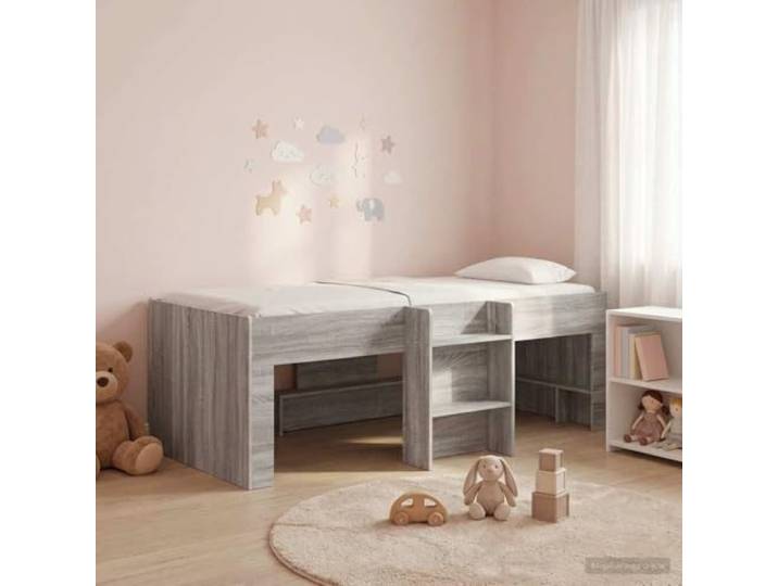 RJPLMFV Hochbettgestell für Kinder, Grau, 80 x 200 cm Holzwerkstoff, integrierte Leiter, Unterbettaufbewahrung, TPE-Eckenschutz, ohne Matratze