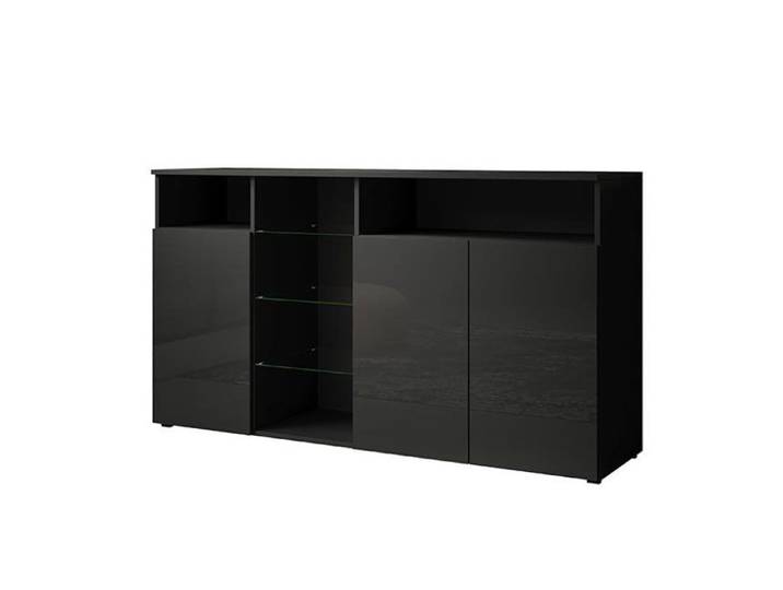 Buffet bas - DESIGN AMEUBLEMENT - Clark L - 3 portes - 3 étagères en verre - LED bleues - Noir brillant
