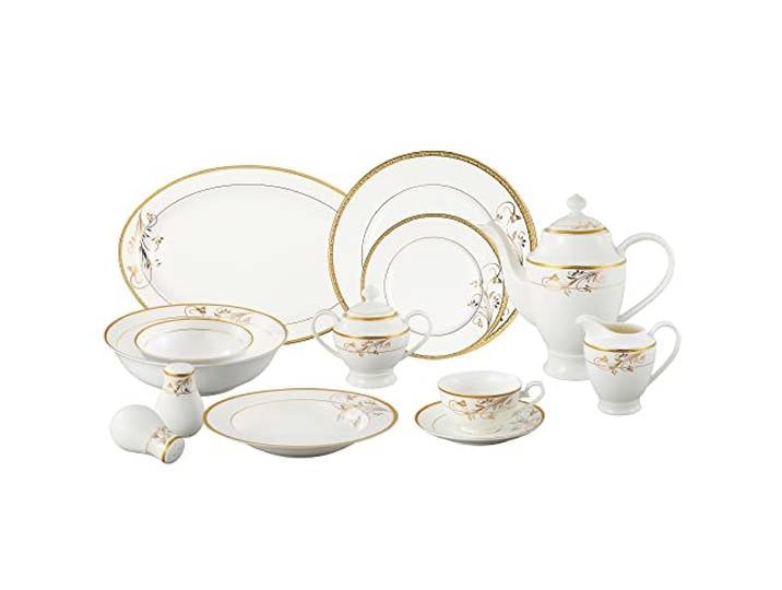 Lorren Home Trends La Luna Bone China Geschirr-Set, 57-teilig, 24 Karat Gold, Blumenmuster, Service für 8 Personen