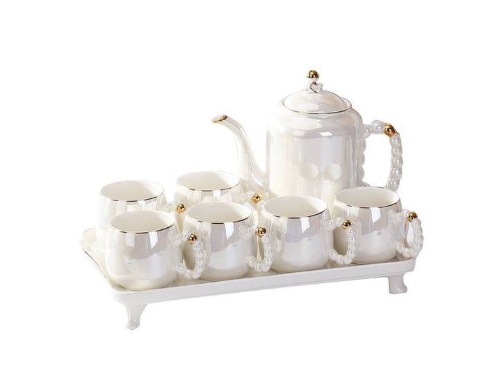 Bouilloire blanche nacrée de luxe, ensemble d'eau haut de gamme, ensemble tasse et théière, ensemble de thé haut de gamme pour la maison offert gratuitement.
