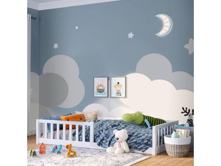 Bellabino Vere Bodenbett 80x160 cm, Massivholz Kiefer, Kleinkindbett, Weiß Montessori Kinderbett mit Rausfallschutz & Lattenrost, Massivholzbett für Jungen & Mädchen aus Holz Kiefer, Kleinkindbett