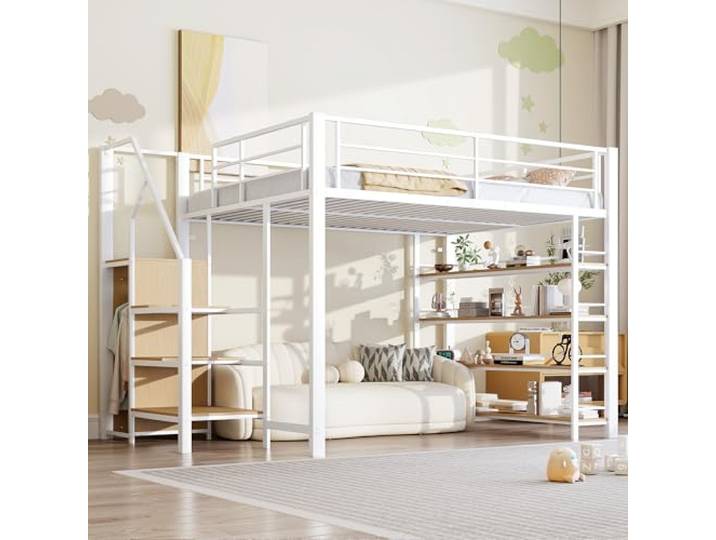 FAVSH Hochbett Erwachsene 140 x 200 cm aus Metall, Etagenbett mit Treppe und Aufbewahrungsschrank, Kinder hochbett Hochbett für Erwachsene/Kinder, Weiß (ohne Matratze)