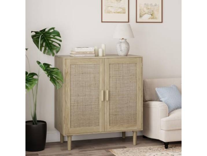 LOBO OFFICE Aufbewahrungsschrank mit 2 Türen,Stauraumschrank für Wohnzimmer Magnetverschlüsse an den Türen, stabiler Holzgriff,Natürliches Rattan & Holz-Konstruktion, langlebig,2 höhenverstellbare Inne