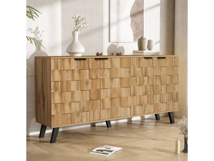Buffet – URBAN MEUBLE – 4 portes avec façade en relief – Pieds noirs inclinés – Style bois vintage – 160 5x35 5x78 cm