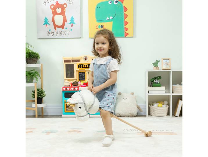 AIYAPLAY Cheval Bâton Bois 95cm Licorne Sons Roues Blanc