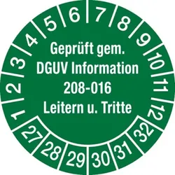 König Werbeanlagen Prüfplakette ab 27, DGUV Information 208-016 Leitern und Tritte, grün/weiß, Ø 30 mm - Bogen = 10 Plaketten - 30 mm Folie selbstklebend