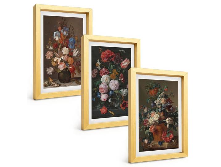 BILDER SET 3er Set - 20x30 cm Goldrahmen - Blumenarrangements in Vasen