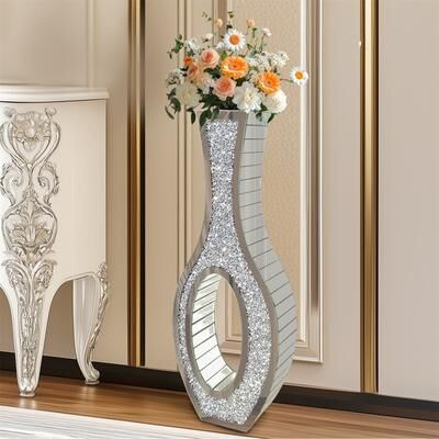 FATIVO Tall Silver Mirrored Vase Decorative Crush Diamond Floor Vase Large Flower Grass Vase