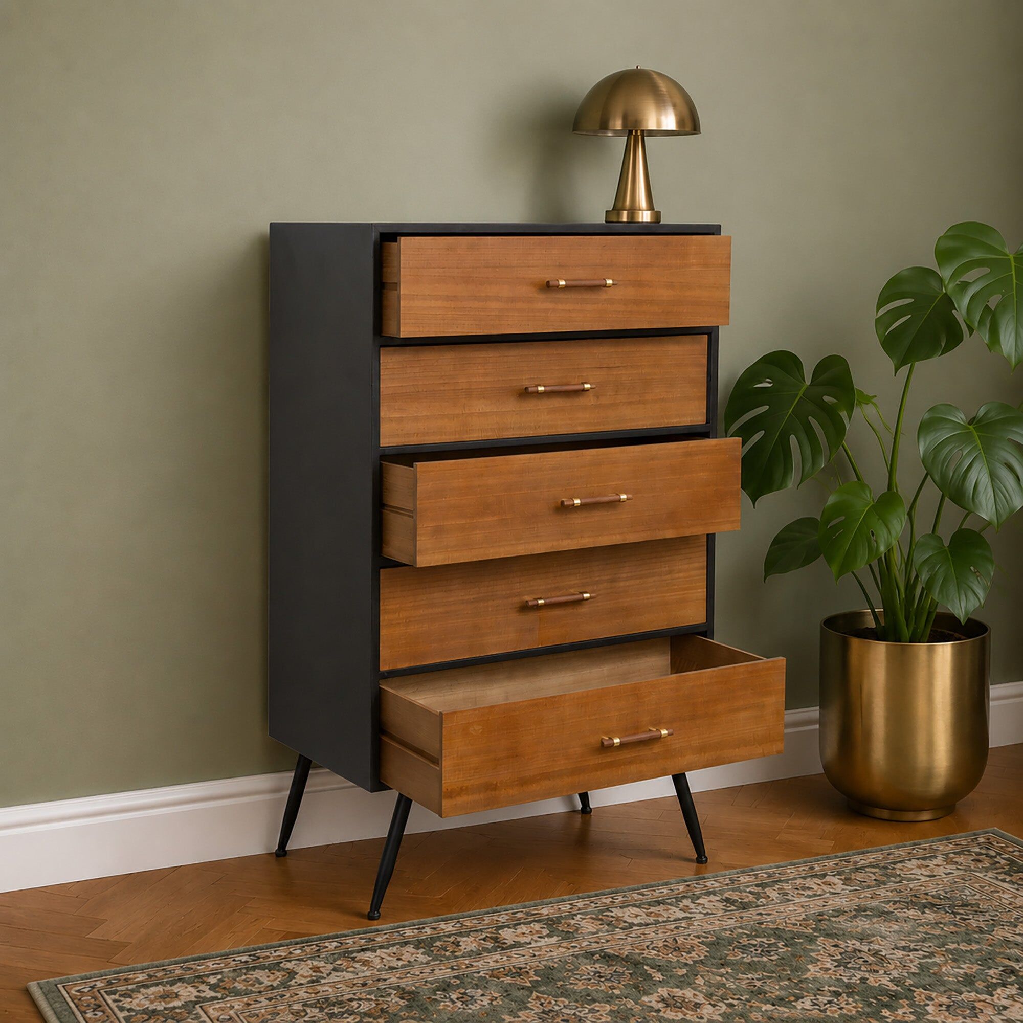 Mid-Century Modern Wooden & Black 5 Drawer Tallboy Chest of Drawers - Ludlow Range Wood, Metal