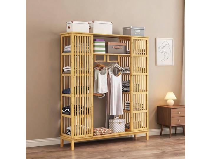 Grande armoire 145x35x165 cm en bambou naturel à 2 portes coulissantes