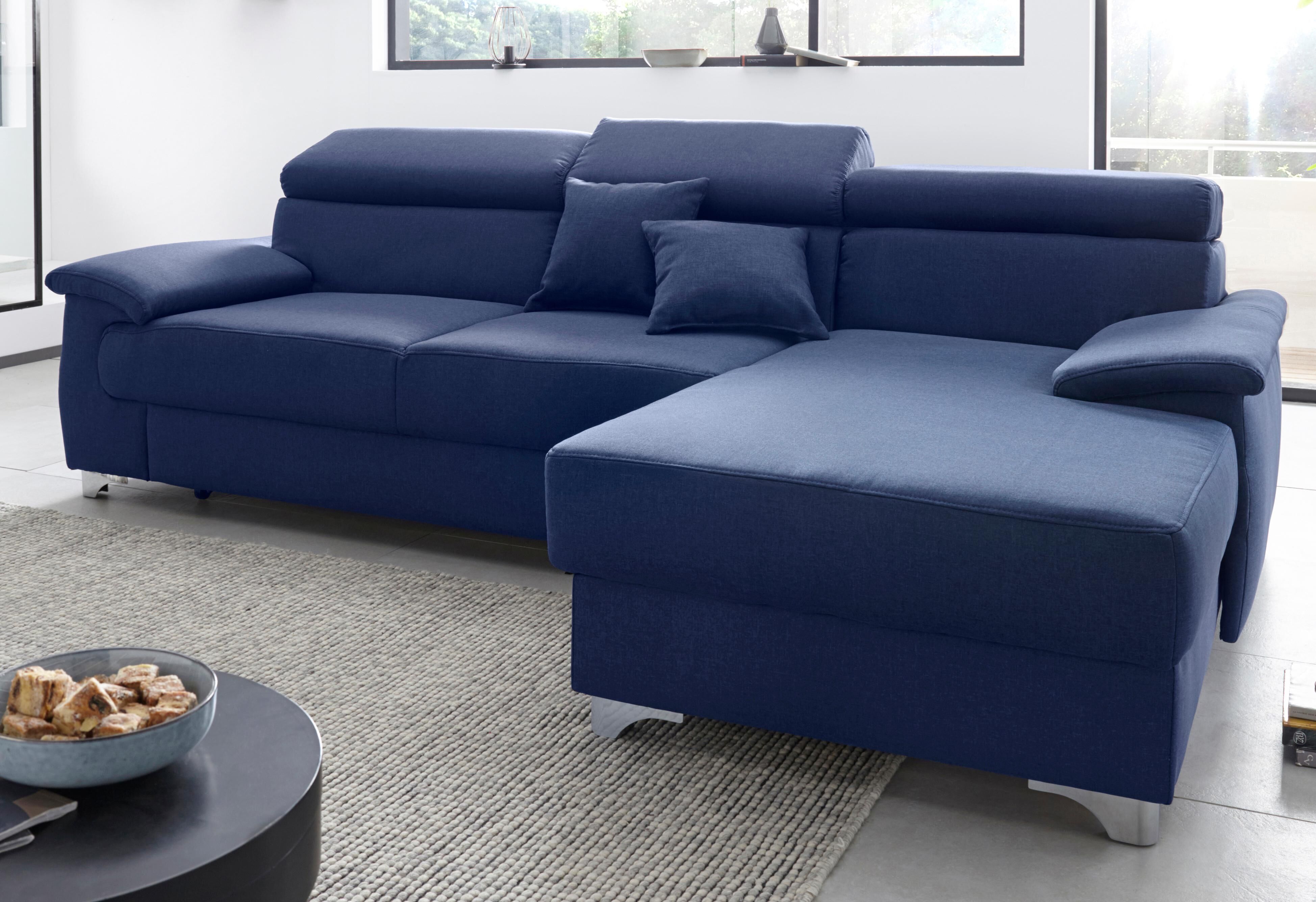 Ecksofa DOMO COLLECTION "Mira, inklusive Kopfteilverstellung für mehr Wohlfühlkomfort, L-Form", blau (dunkelblau), B:271cm H:78cm T:167cm, Zierkissen: Entsprechend jeweiligem Bezug.;Struktur (100% Polyester);Struktur fein (100% Polyester);Luxus-Microfaser