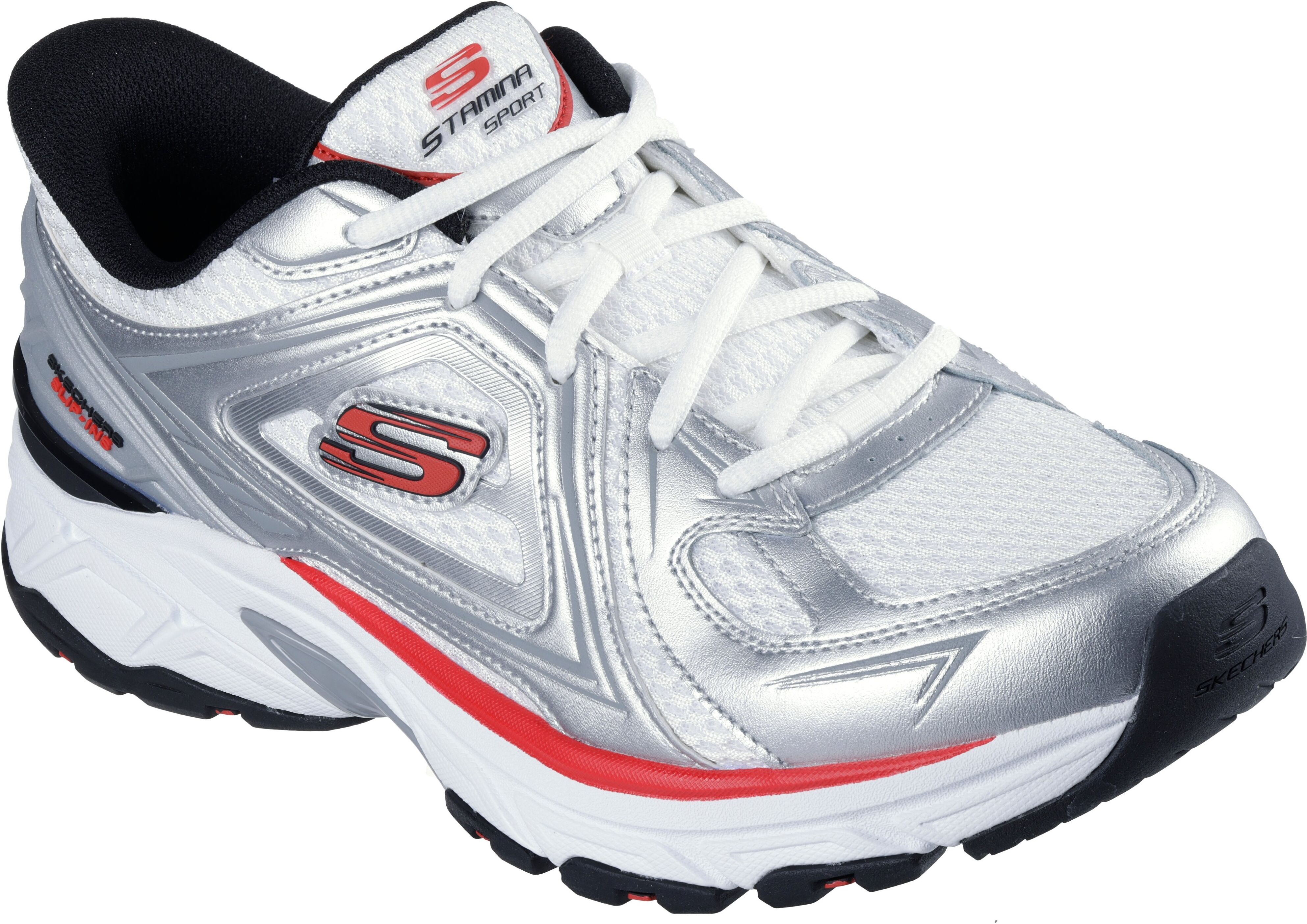Slip-On Sneaker SKECHERS "STAMINA SPORT", Herren, Gr. 48,5, silber (weiß, silberfarben), Leder, Mesh, Schuhe Slip-On Sneaker, Trainingsschuh, Retro Sneaker mit Slip-ins weiß, silberfarben 48,5