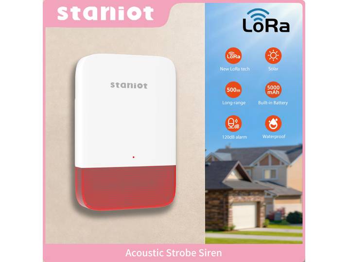 Sirène stroboscopique étanche Staniot LoRa, alarme à haut niveau sonore 120 dB, distance de transmission de 500 m, dispositif anti-effraction sans fil pour la maison, fonctionne avec Secpanel 7 Pro