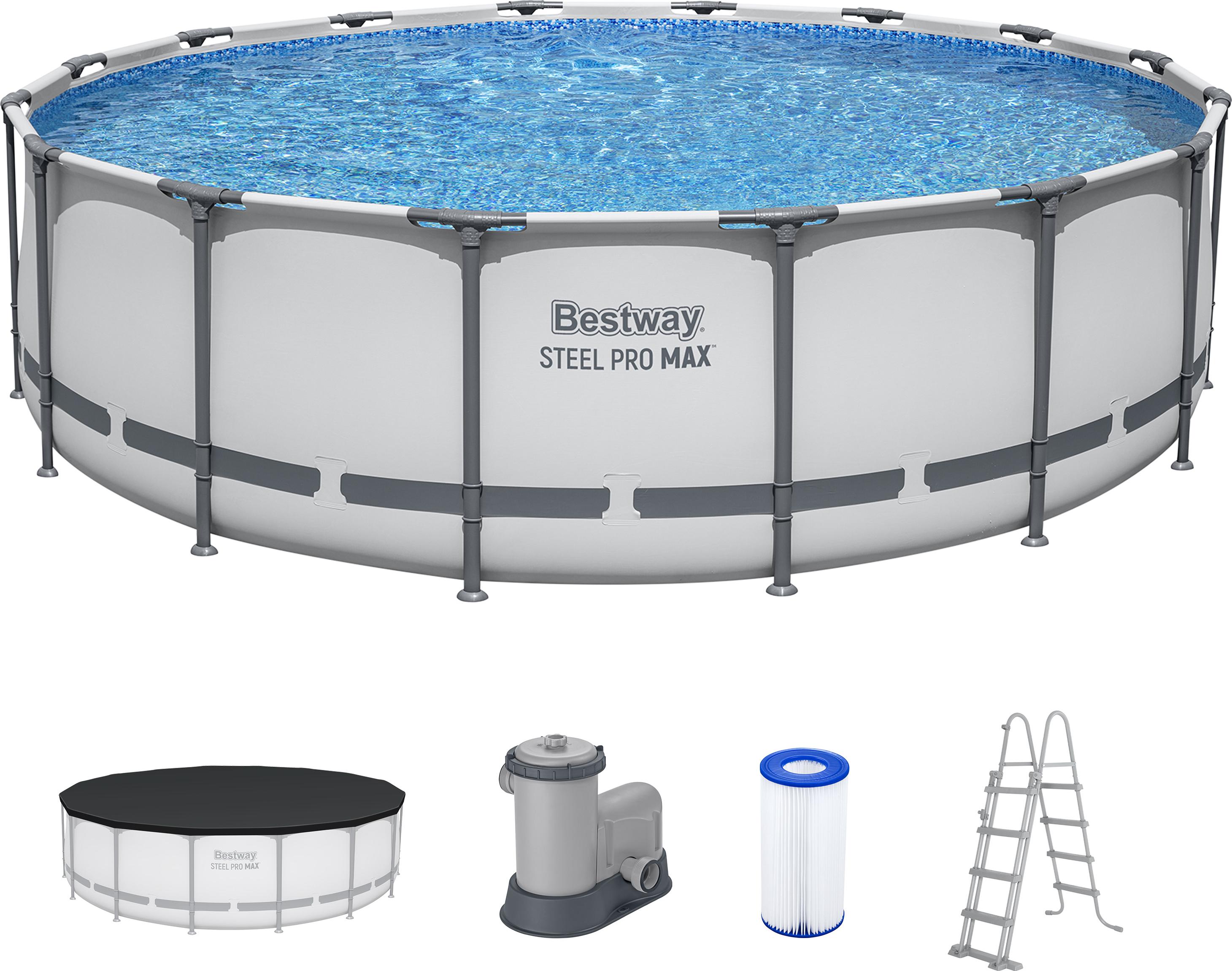 Bestway Steel Pro MAX Frame Pool Komplett-Set mit Filterpumpe Ø 488 x 122 cm , lichtgrau, rund