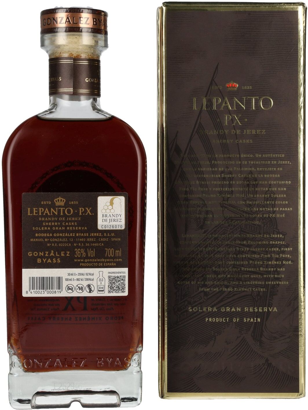 Lepanto Brandy Lepanto P.X. Solera Gran Reserva Brandy de Jerez 36% Vol. 0,7l in Geschenkbox