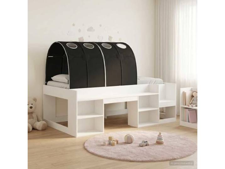 RJPLMFV Hochbett für Kinder, Aufbewahrung, 3-teilig, Weiß / Schwarz Holzwerkstoff, fester Lattenrahmen, integrierte Regale, moderner Stil, einfache Montage