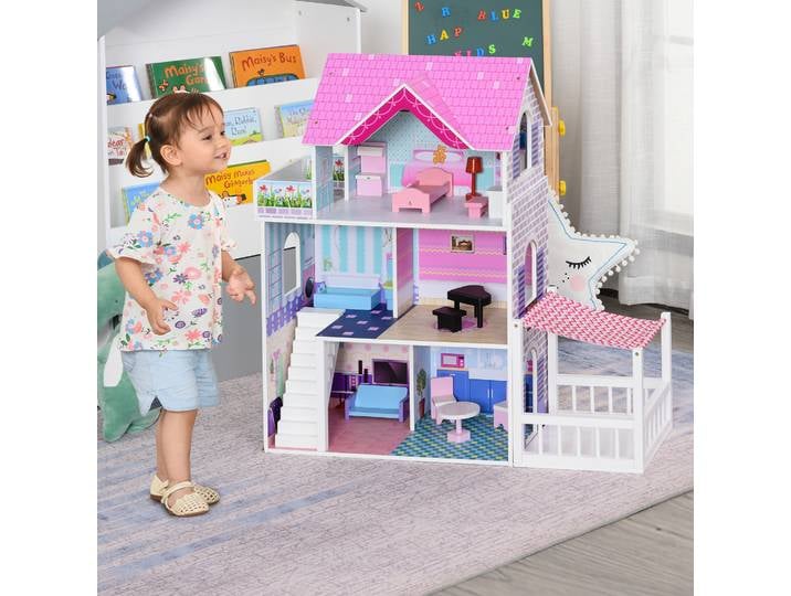 Maison Poupée Bois 3 Niveaux Multi-Équipements