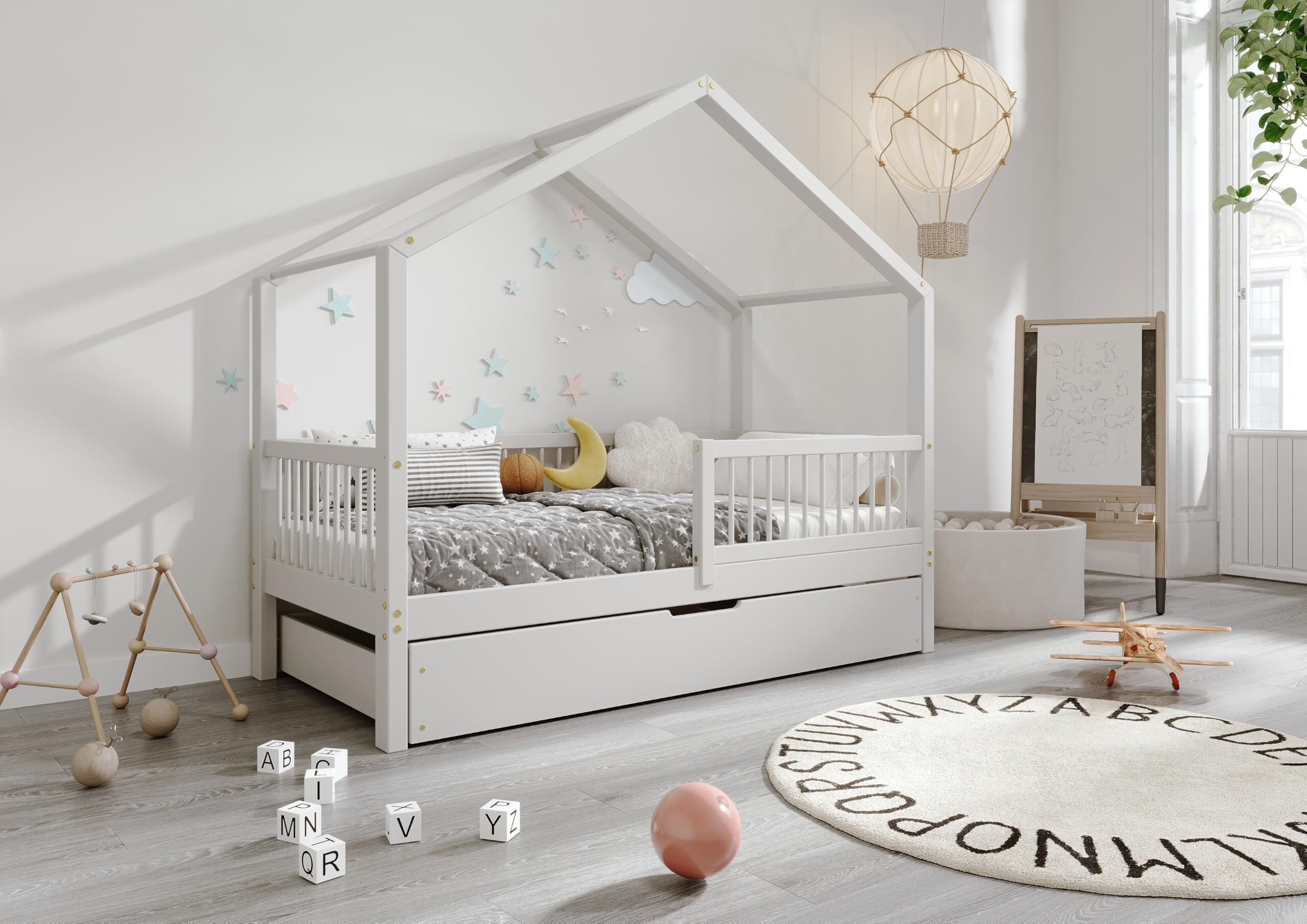 TIMBEE MURLO Box Hausbett Kinderbett Holz Bett mit Schublade - Grau - 80x160cm