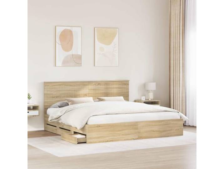 KTHLBRH Bettgestell Eiche Sonoma 200 x 200 cm Technisches Holz, selbsttragend, feste Latten, versteckte Schubladen, einfache Wartung