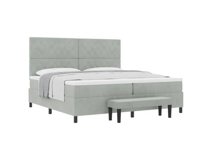 PUGYNBK Boxspringbett, Hellgrau, 200 x 200 cm, Samt Lattenrost im Lieferumfang enthalten, robuster Holzrahmen, mittelfester Schaumstoff, weiche Polsterung