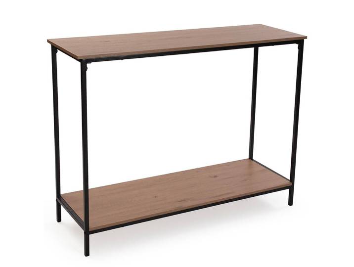 Console 2 plateaux effet bois et métal noir 106x35x81cm