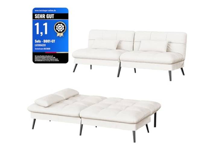 LUCKRACER Sofa 3 Sitzer Sofa Schlafsofa mit Schlaffunktion, überzug Futon Klappsofa, Bettcouch, ecksofa, Couch, 5 Verstellbare Winkel, Ideal für Wohnungen Wohnzimmer aus Stoff Cremeweiß