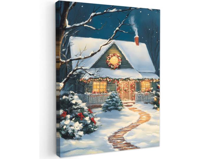 MuchoWow Leinwandbild - Weihnachten - Weihnachtsbaum - Winter - Zuhause - Schnee - 60x80 - Gemälde, Smaragdgrün, Textil, Kiefer, Abstrakt, Rechteckig, 60x80 cm, gerahmt, Bilder & Rahmen, Bilder, Wandbilder