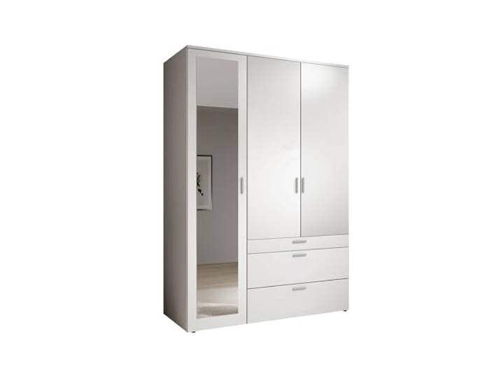 möbelando Kleiderschrank >Vesala< mit Spiegel, 3 Türen & 3 Schubladen, 135x195 cm, Melamin, 4 Einlegeböden, Kleiderstange, Schubkasteneinteilung, zerlegt geliefert