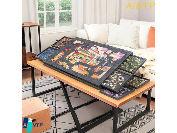 Tapis de rangement pour puzzles, table de puzzle inclinable portable 2-en-1 pour 1000 pièces, table de puzzle en feutre pour 1000 pièces avec 6 tiroirs de rangement pour usage domestique