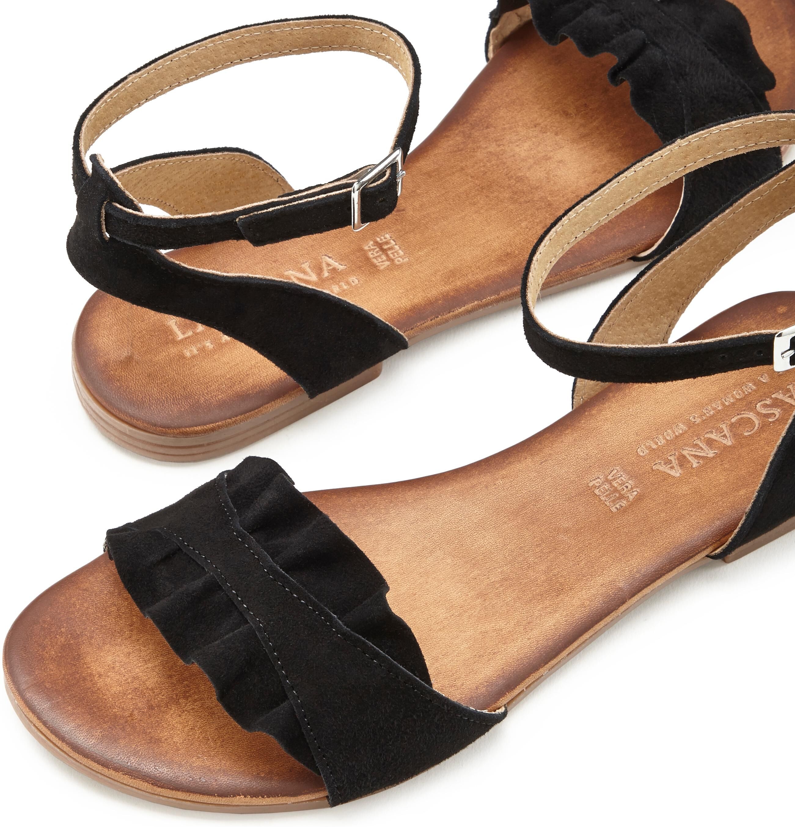 Sandale LASCANA "offener Schuh", Damen, Gr. 40, Schweinsleder, schwarz, Obermaterial: 100% Ziegenleder. Decksohle: 100% Rindsleder. Futter: 100% Schweinsleder. Laufsohle: 100% Synthetik, unifarben, Schuhe Sandale, Sandalette, Sommerschuh aus hochwertigem 