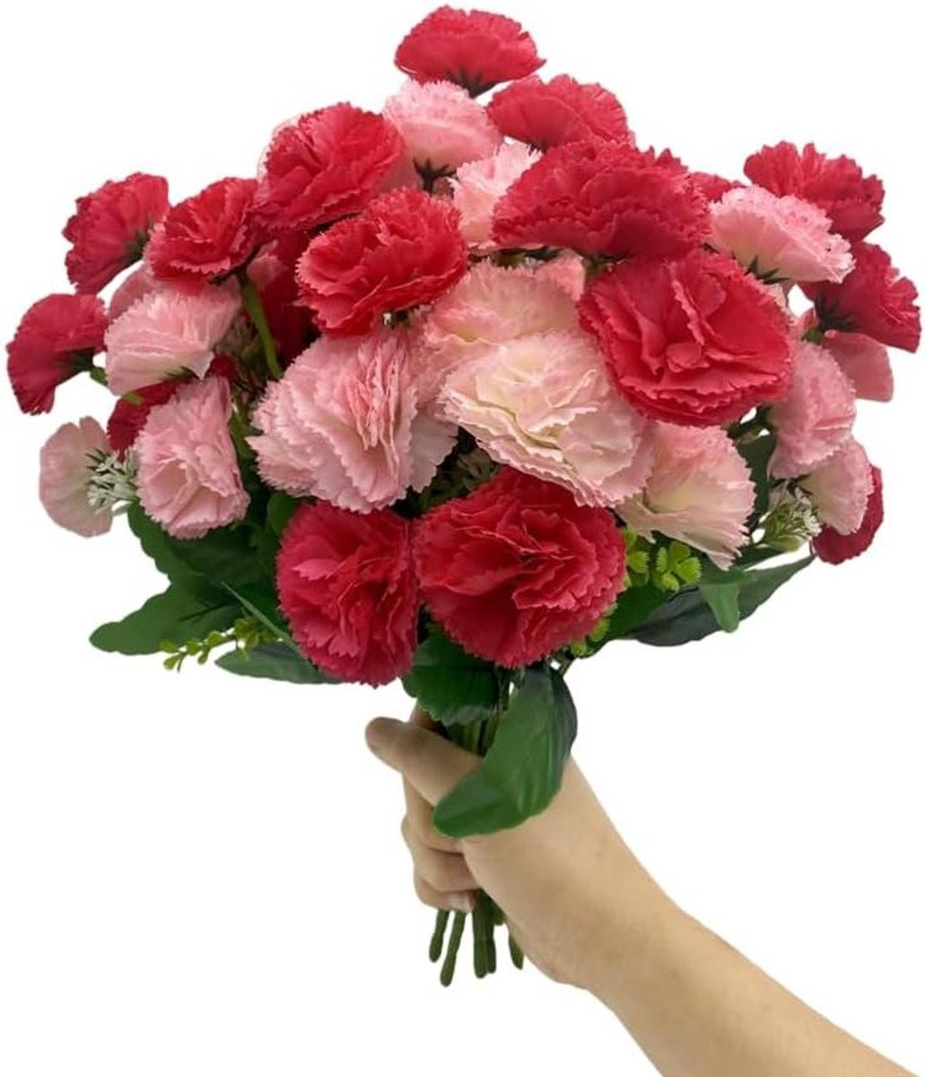 Kunst Anjer Boeket van Zijde - Rozerood en Roze - 36 cm