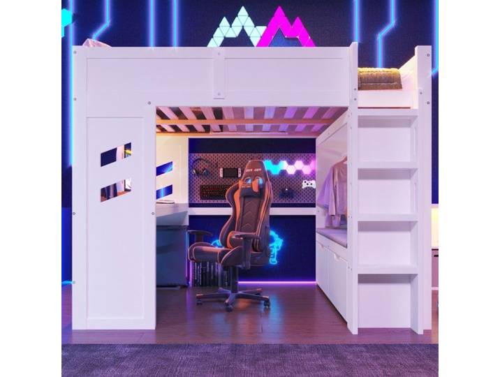 Lit Mezzanine Gaming 140x200cm avec Bureau LED Ports USB/Type-C Échelle Tiroir Blanc - sans matelas